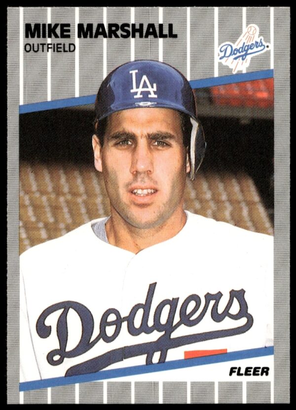 1989 Fleer baseball card of Mike Marshall, Los Angeles Dodgers, in action.
