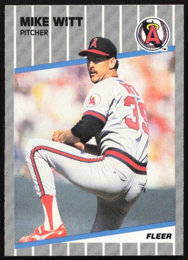 1989 Fleer Mike Witt #490 baseball card, Angels uniform, pitching action shot.