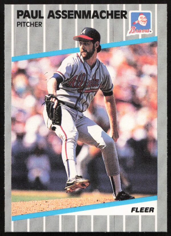 Paul Assenmacher 1989 Fleer Card #586, Chicago Cubs, mid-pitch action shot.
