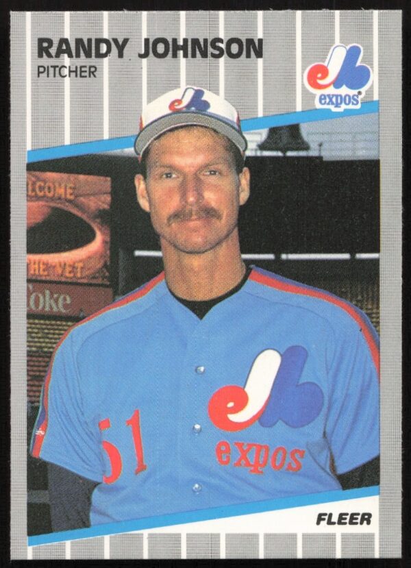 1989 Fleer baseball card of Randy Johnson, pitcher in Montreal Expos uniform, card #381.