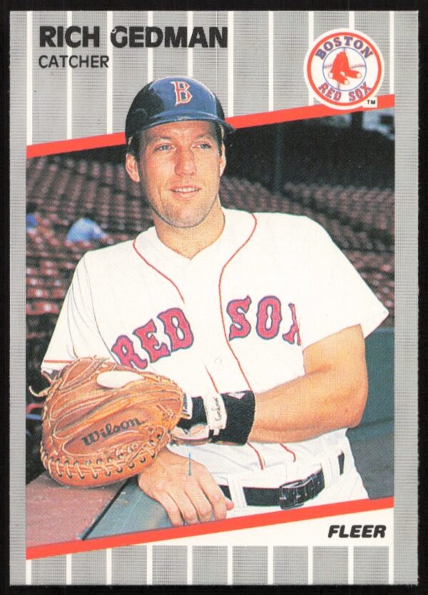 1989 Fleer Rich Gedman baseball card front, Boston Red Sox catcher portrait.