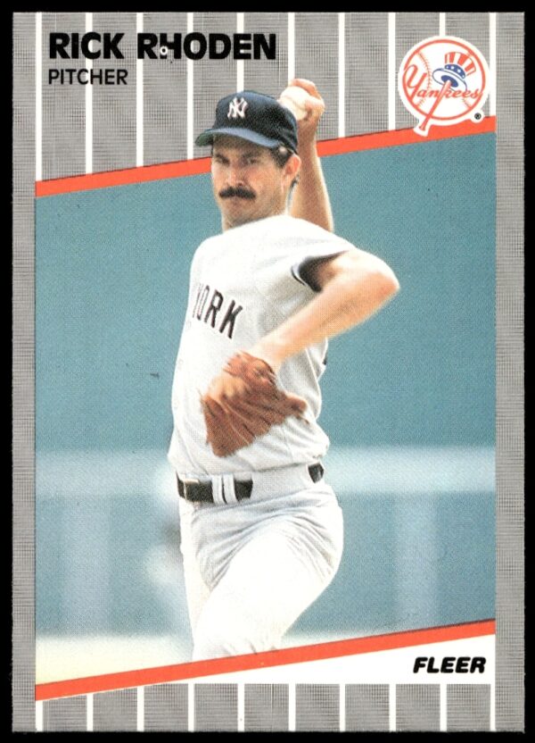 Rick Rhoden Yankees 1989 Fleer baseball card, mid-pitch action, vintage sports memorabilia.