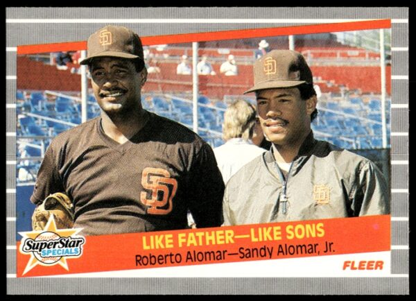1989 Fleer baseball card featuring rising stars Roberto and Sandy Alomar Jr. in MLB action.