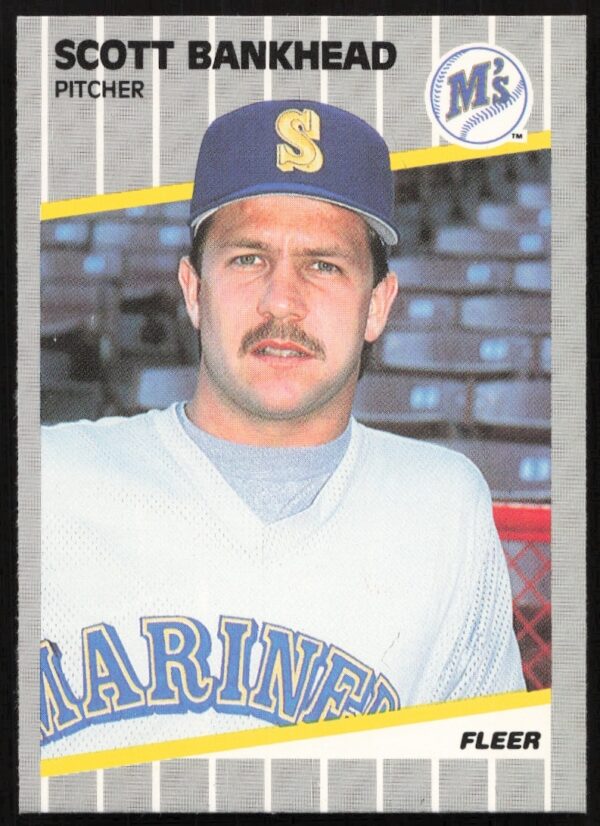 Front view of Scott Bankheads 1989 Fleer baseball card, Seattle Mariners pitcher.