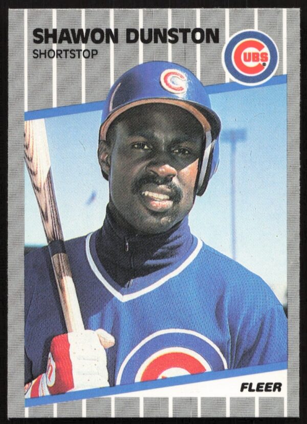 Shawon Dunston 1989 Fleer baseball card, Chicago Cubs shortstop, card #424 front view.