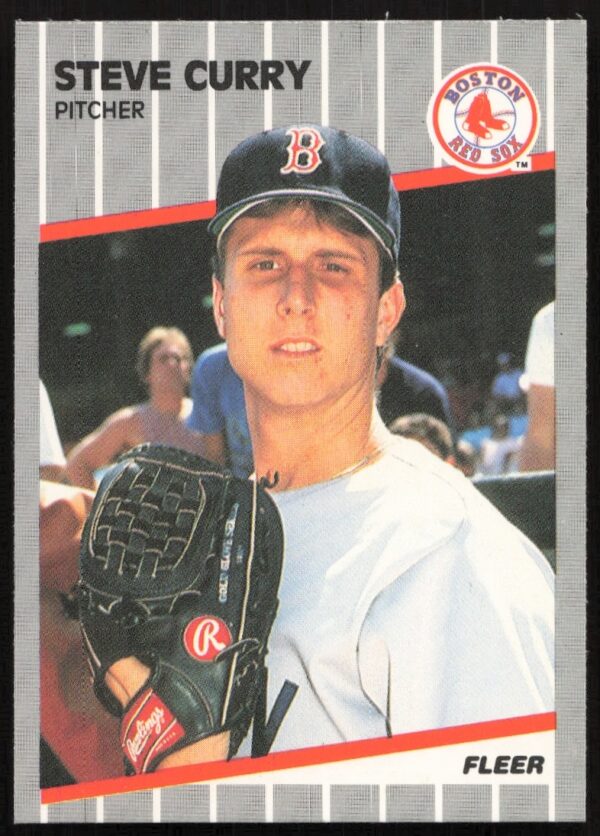 1989 Fleer Steve Curry Red Sox baseball card #86, vintage design with pitcher mid-pose.