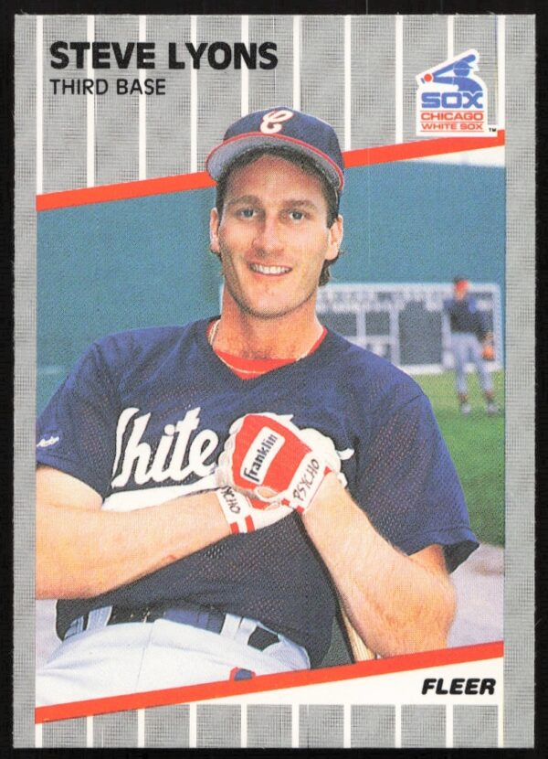Steve Lyons 1989 Fleer card, White Sox uniform, mid-pitch, focused.