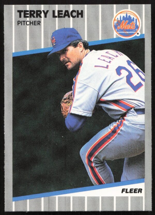 Terry Leach 1989 Fleer Baseball Card #40, New York Mets Pitcher, Mid-Pitch Action.