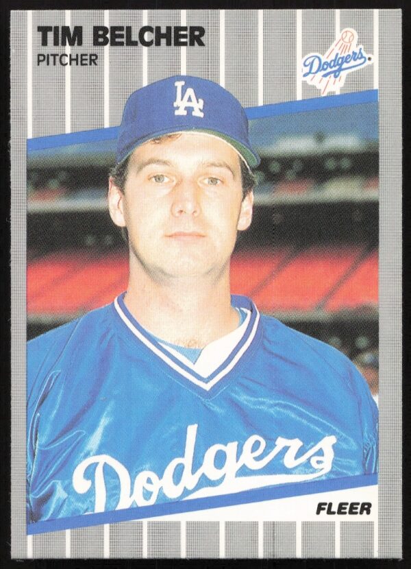 1989 Fleer Tim Belcher card #54 in Dodgers uniform, mid-pitch.