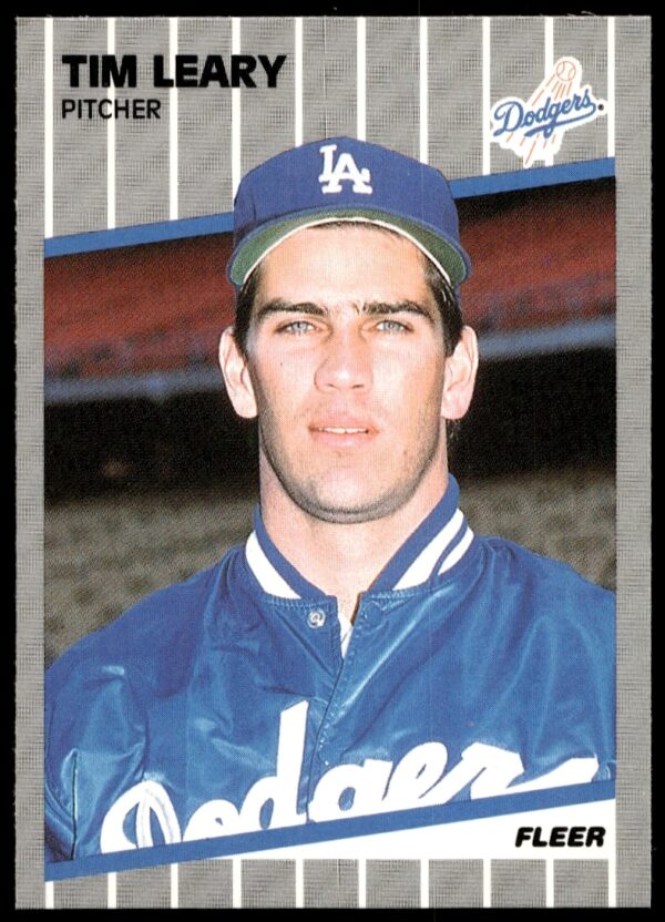 1989 Fleer Tim Leary Dodgers Baseball Card, No. 65, features vibrant design and colors.