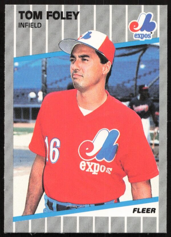 Tom Foley 1989 Fleer Baseball Card #375 in Montreal Expos uniform, posed action shot.