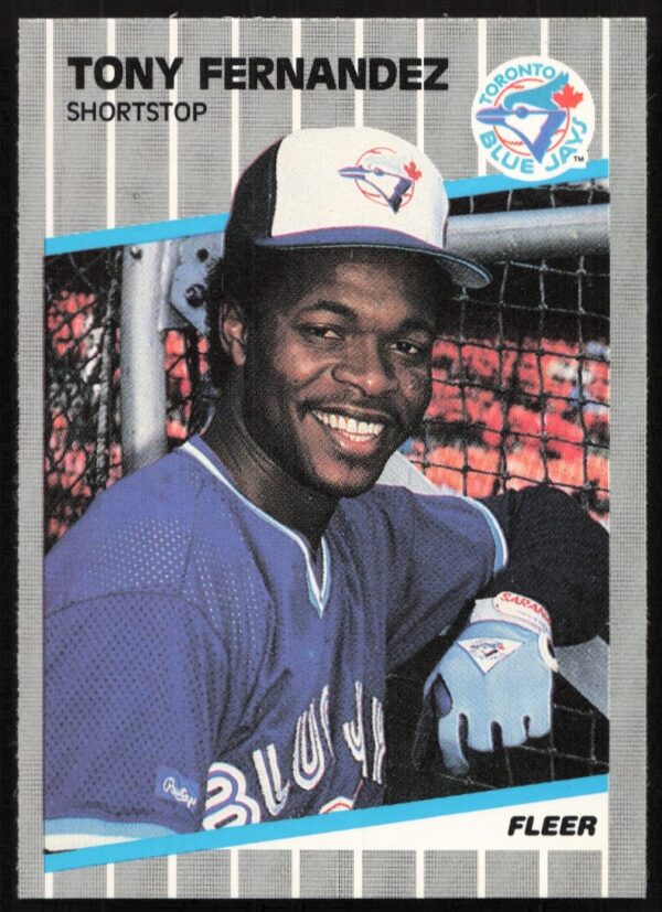 1989 Fleer Tony Fernandez baseball card showcasing Toronto Blue Jays shortstop in action.