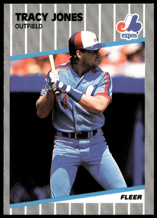1989 Fleer Tracy Jones baseball card with team logo and classic player pose.