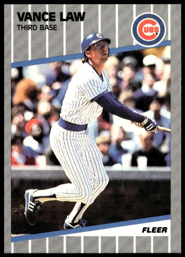 Vance Law 1989 Fleer Card #430, Chicago Cubs uniform, showcasing his athletic stance.