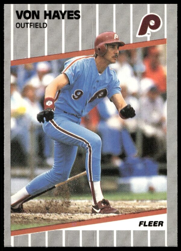 1989 Fleer Von Hayes Phillies baseball card front view, showcasing classic athletic presence.