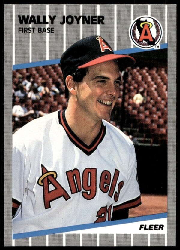Wally Joyner 1989 Fleer Angels Card #481, mid-swing collectible, vintage baseball memorabilia.