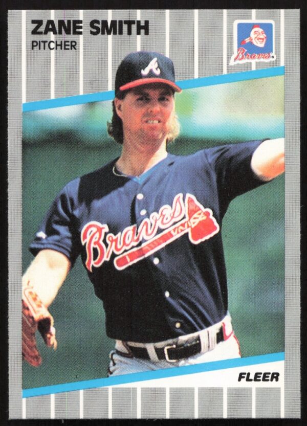 Zane Smith 1989 Fleer #601 baseball card, pitching in Braves uniform.