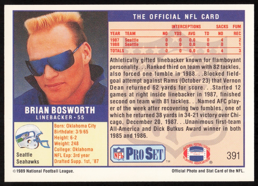 Brian Bosworth 1989 Pro Set card back showing stats and highlights.