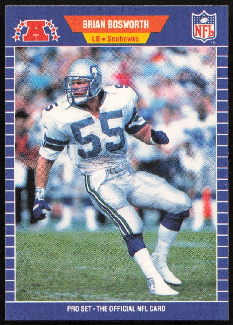 1989 Pro Set Football Card of Brian Bosworth, Seahawks LB, #391, front view.
