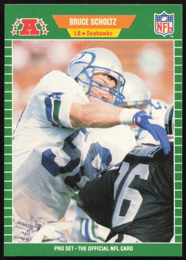 Bruce Scholtz 1989 Pro Set football card, Seattle Seahawks linebacker in action.