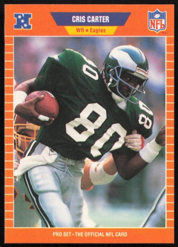 Front of 1989 Pro Set NFL card, Cris Carter #314, Philadelphia Eagles action.