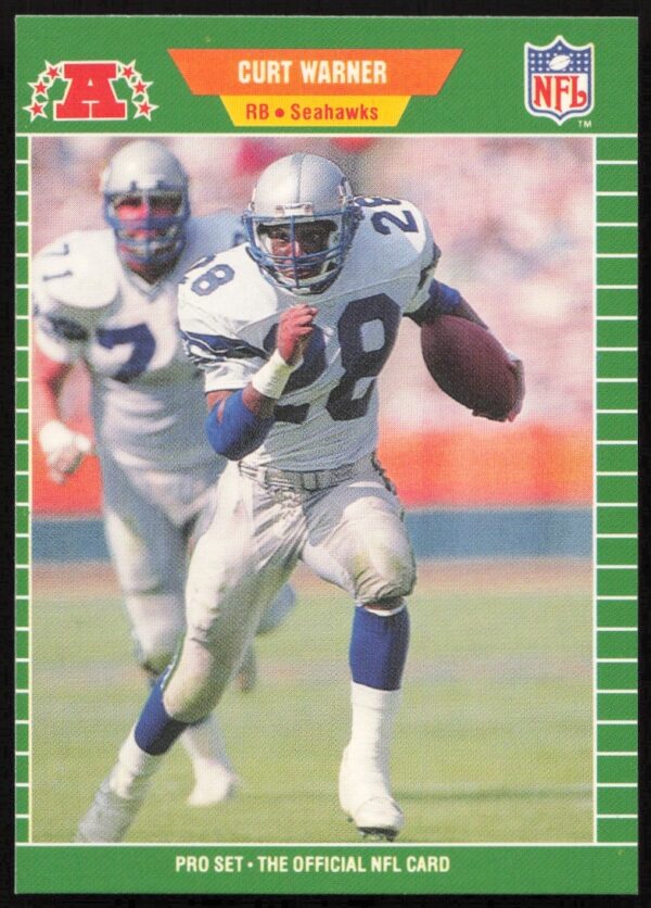 Curt Warner 1989 Pro Set football card #404, Seattle Seahawks uniform, dynamic action pose.