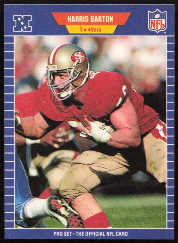 1989 Pro Set Football Card #369, Harris Barton in 49ers uniform, action pose.