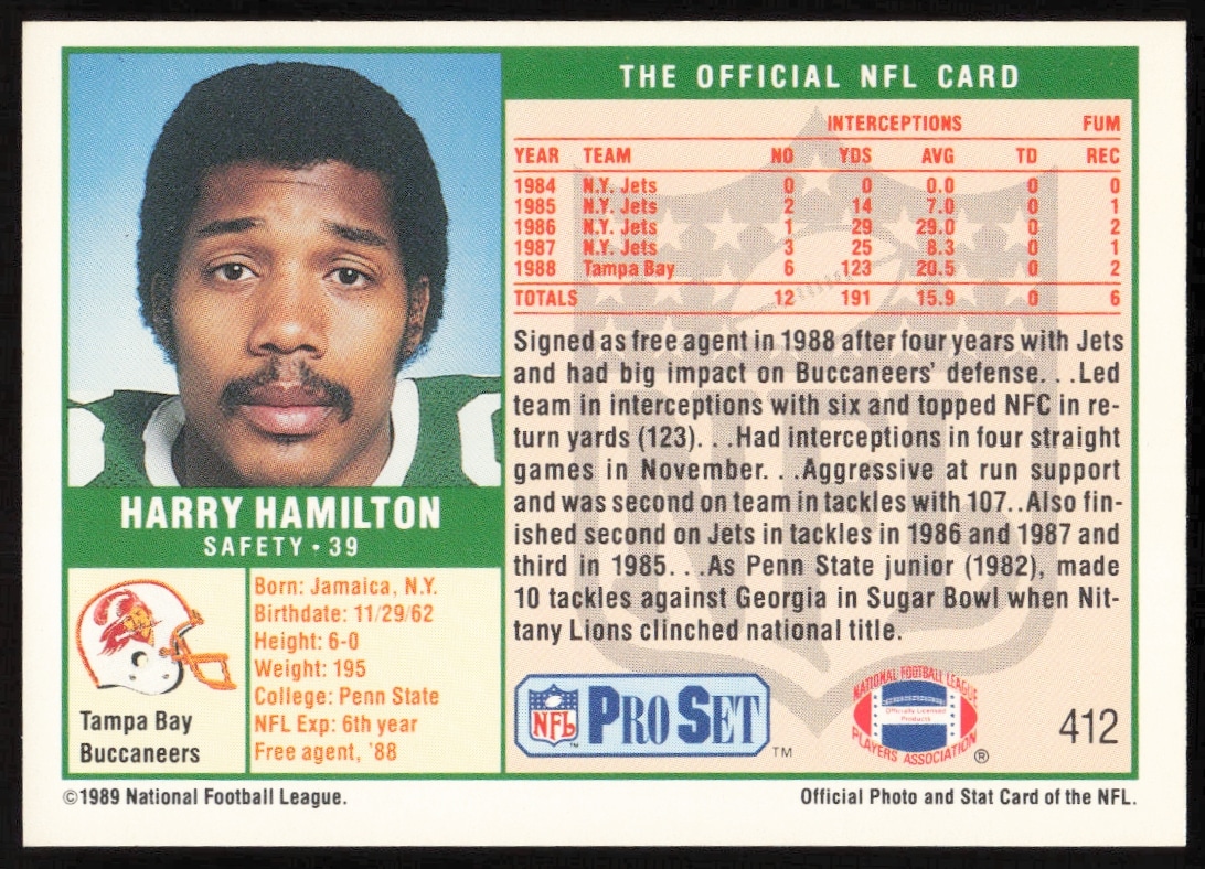 Back of 1989 Pro Set Harry Hamilton trading card #412 with stats and career overview.