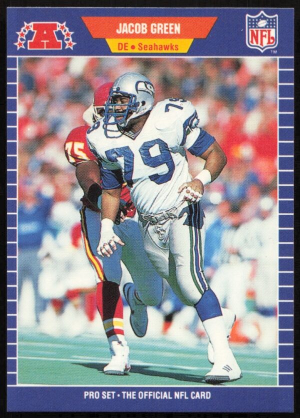 1989 Pro Set card of Jacob Green, Seattle Seahawks, in action, NFL defensive end.