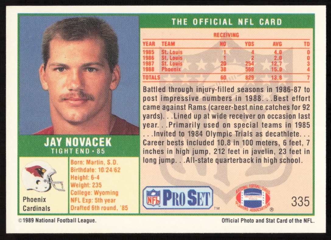 Jay Novacek 1989 Pro Set card back with player stats and career highlights.