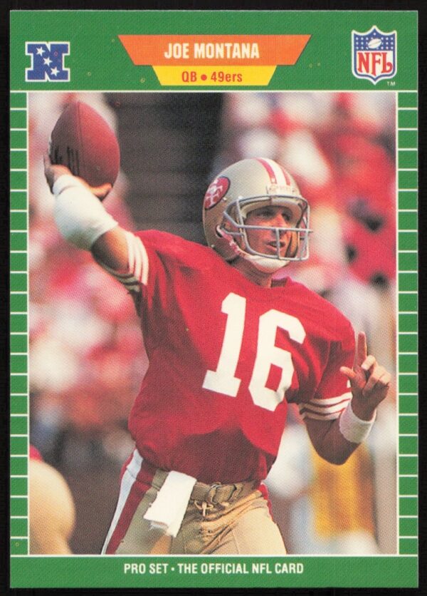 Front of 1989 Pro Set Joe Montana #381 football card showing iconic NFL quarterback.