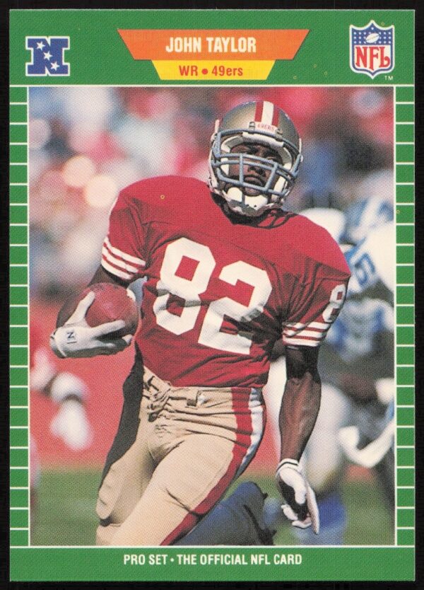 John Taylor 1989 Pro Set #384 football card featuring 49ers action scene.