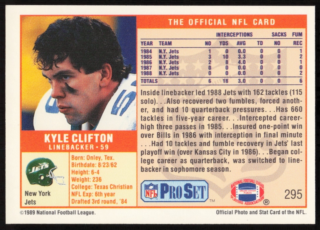 Kyle Clifton 1989 Pro Set card back with stats and profile for New York Jets fans.