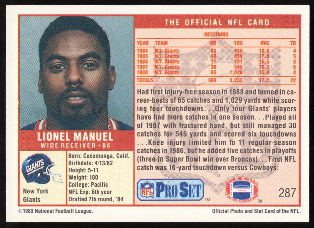 Lionel Manuel 1989 Pro Set card #287 highlights NFL career stats and achievements.
