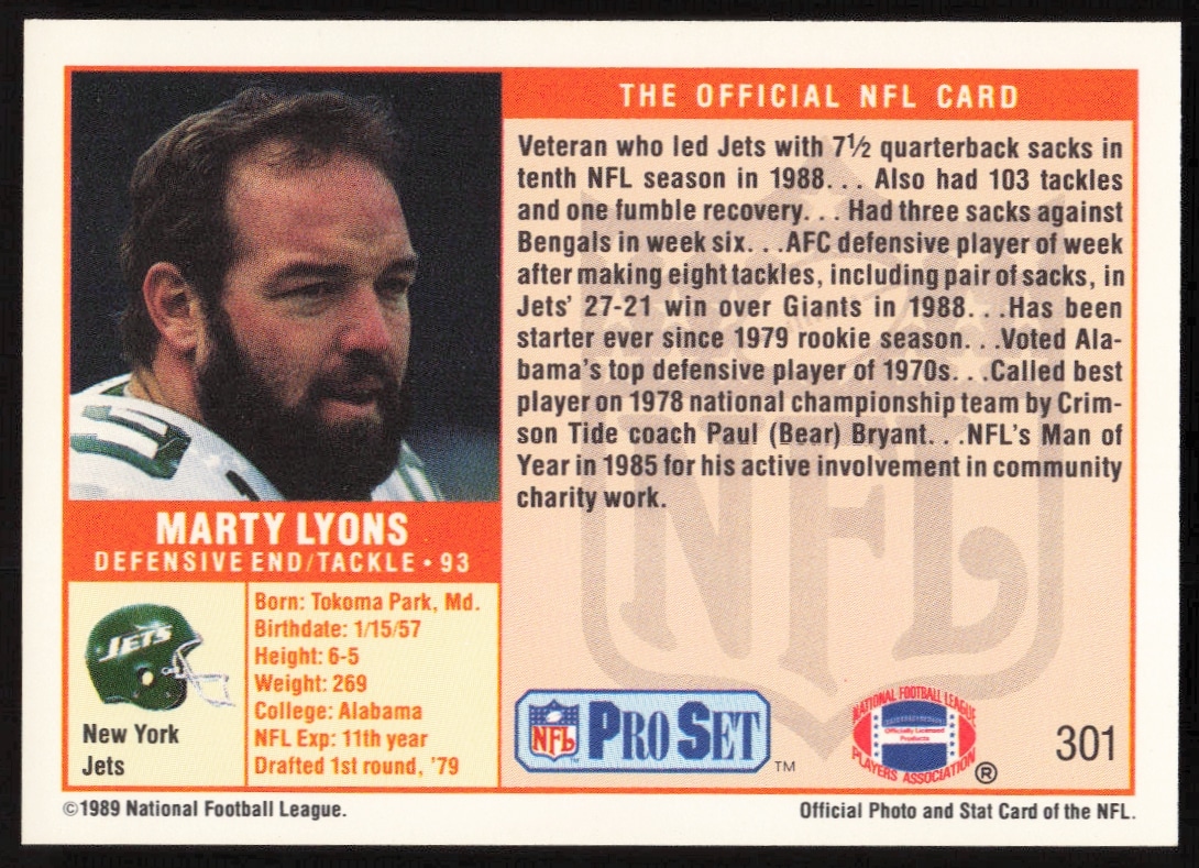 1989 Pro Set Marty Lyons Card #301 with Career Highlights and Stats