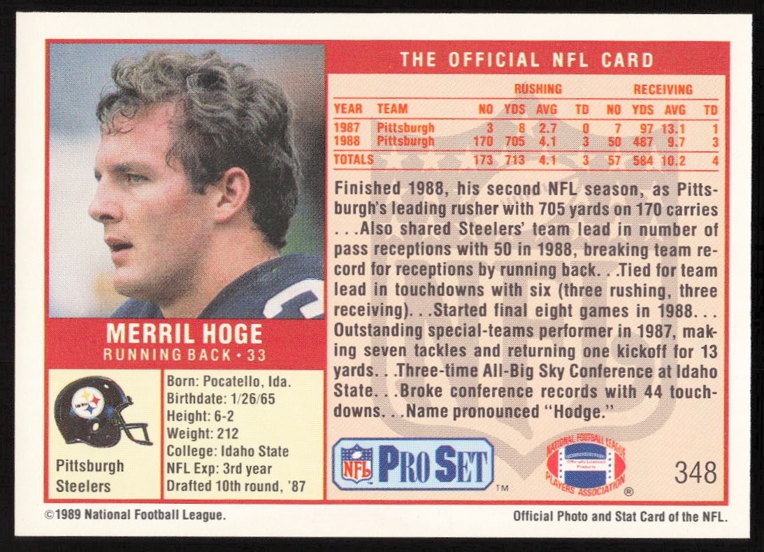 1989 Pro Set Merril Hoge card back, Steelers highlights, stats, bio.