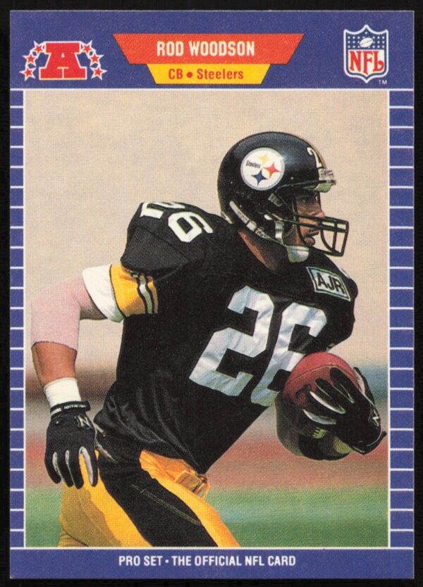 1989 Pro Set Rod Woodson #354, action shot in Steelers uniform, NFL legend.