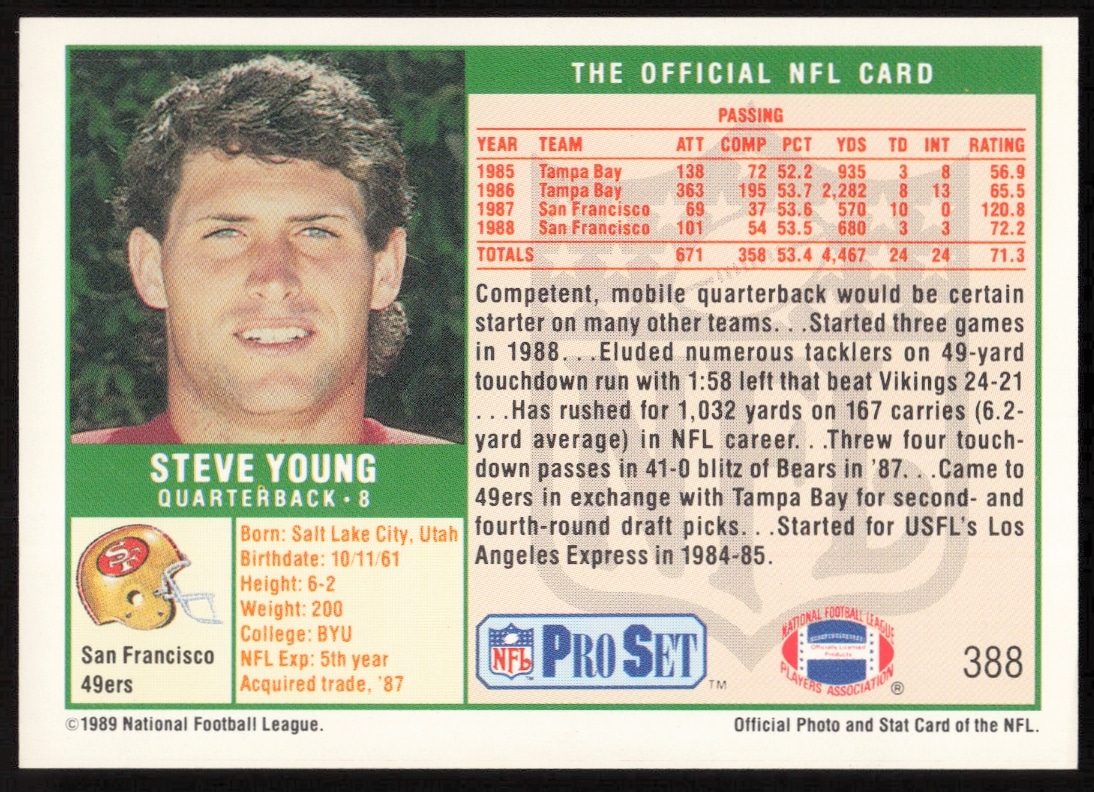 Back of 1989 Pro Set Steve Young card with stats and highlights.