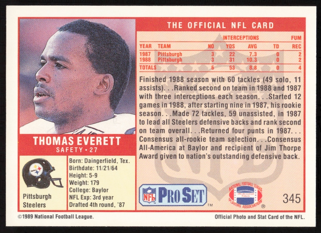 Thomas Everett 1989 Pro Set card highlights his stats, achievements, and biography.