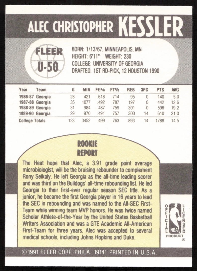 Back of Alec Kesslers 1990-91 Fleer Update card showcasing stats and career highlights.
