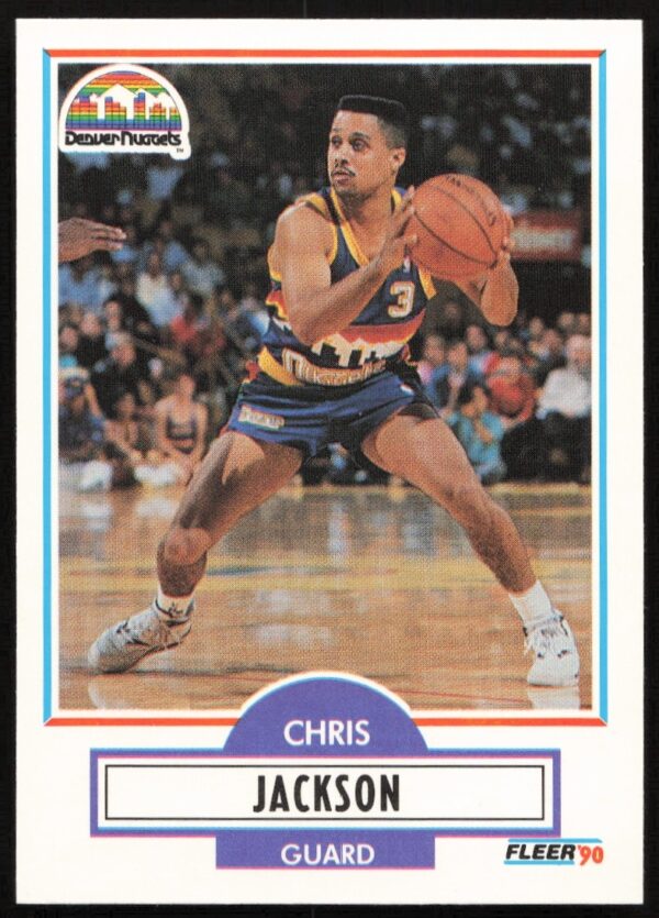 Chris Jackson rookie card, 1990-91 Fleer, Denver Nuggets, dribbling on court, NBA debut.