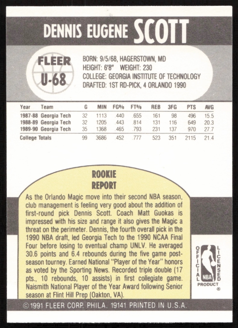 Dennis Scott 1990-91 Fleer Update card back with stats and team info.