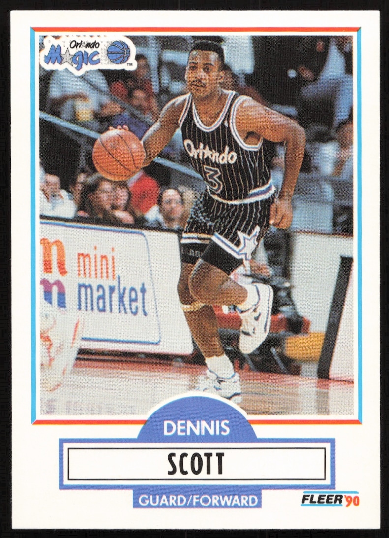 Dennis Scott 1990-91 Fleer rookie card in Orlando Magic uniform, vibrant design.