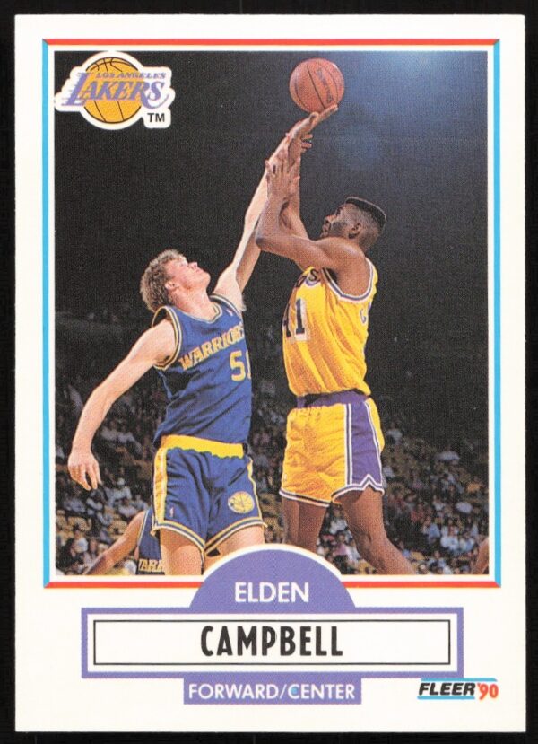Elden Campbell 1990-91 Fleer rookie card front, featuring Los Angeles Lakers action shot.
