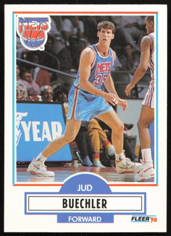 Front view of 1990-91 Fleer Update trading card featuring Jud Buechler in NBA action.