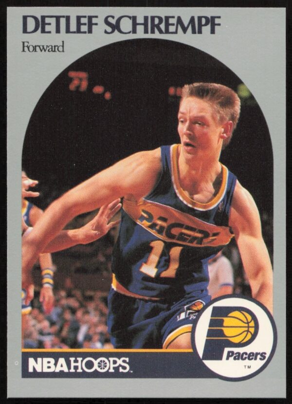 Front of 1990-91 Hoops Detlef Schrempf card, Indiana Pacers, action pose.
