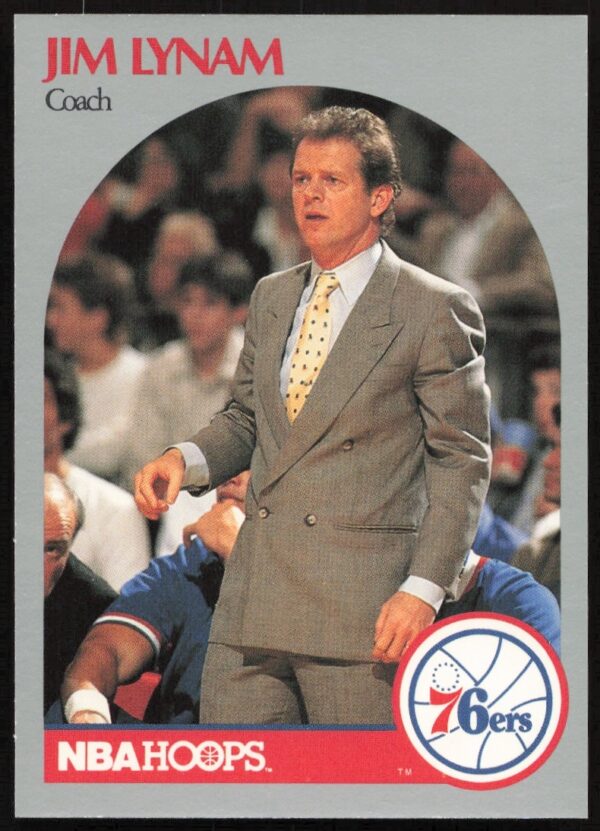 1990-91 Hoops Jim Lynam Basketball Card #324, featuring head coach in suit on sidelines.