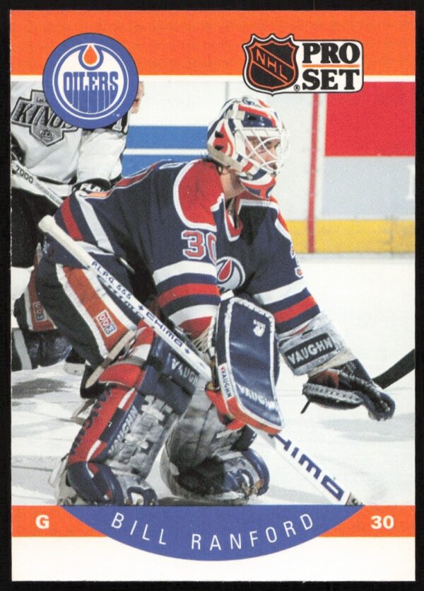 Bill Ranford in action, 1990-91 Edmonton Oilers goalie, Pro Set card #94.