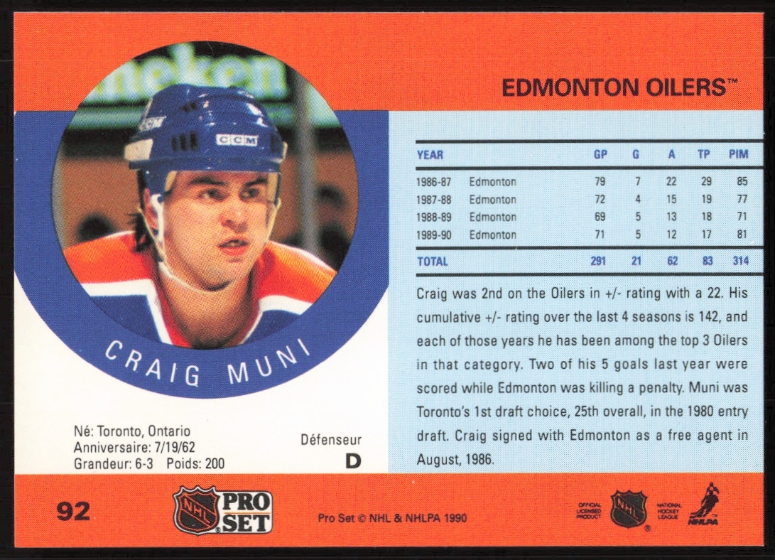Back of 1990-91 Pro Set Craig Muni hockey card with stats and career highlights.