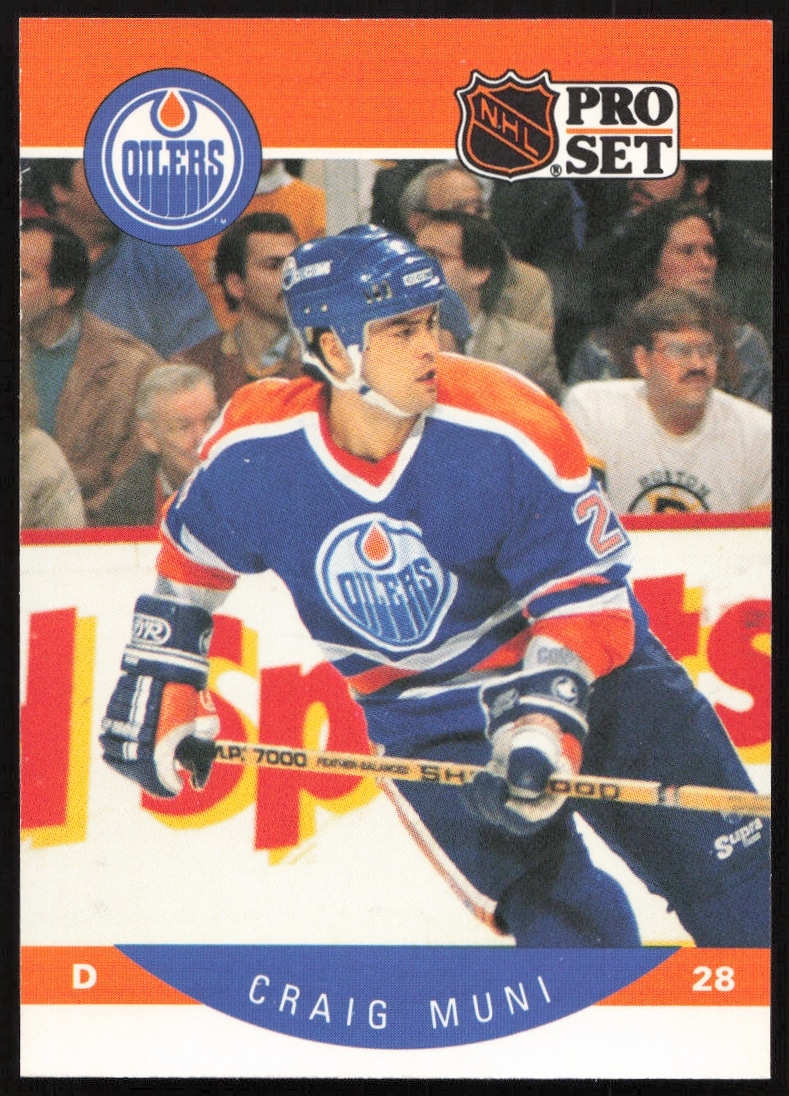 Craig Muni 1990-91 Pro Set hockey card #92, Edmonton Oilers action shot.